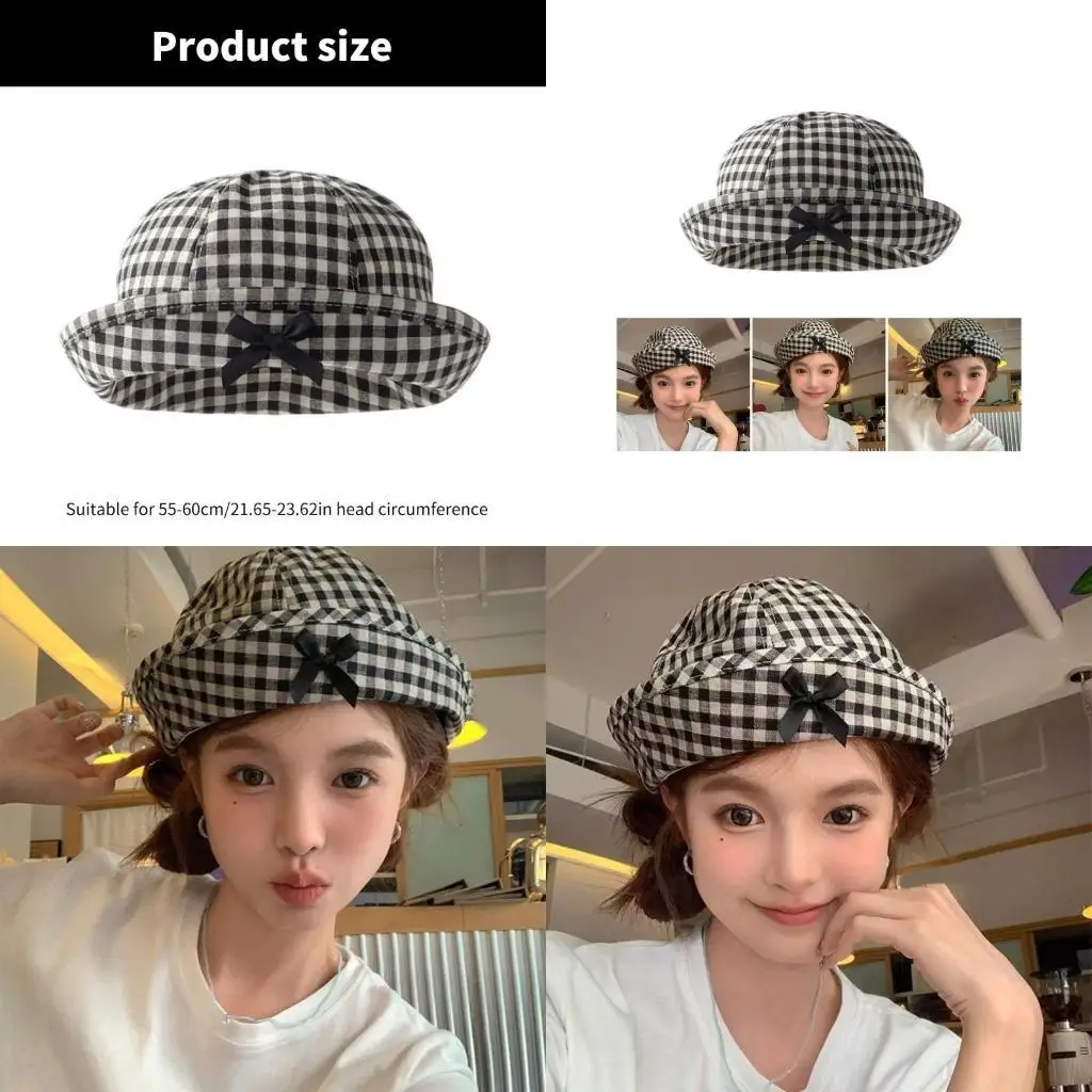 

39BB Fashion Checkered Bucket Hat for Women Girl Sailor Hat Casual Wear Dome Hat Elegant JK Uniform Caps Bowknot Fisherman Hat