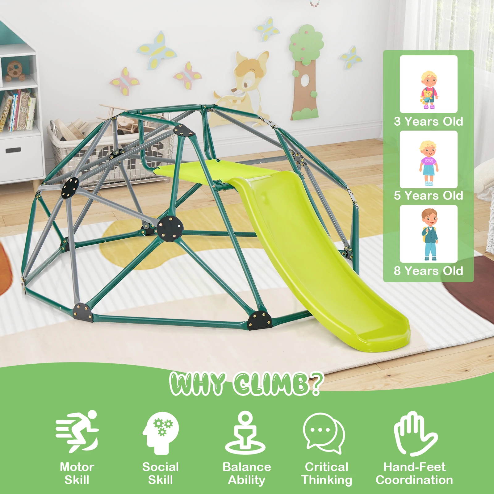 8FT Climbing Dome w/ Slide Outdoor Kids Jungle Gym Dome Climber Green & Gray