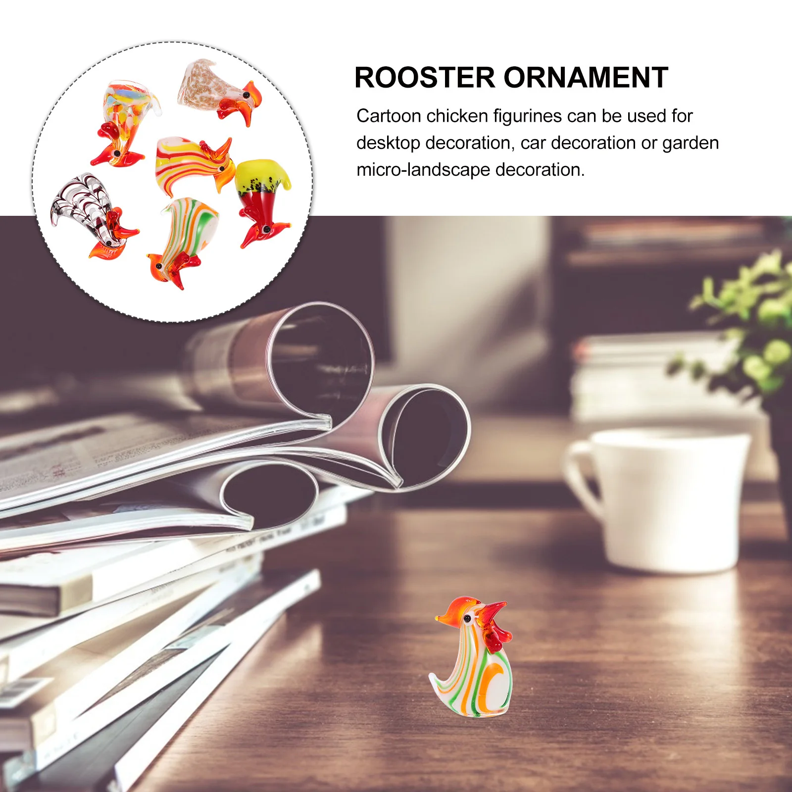 

6Pcs Glass Chicken Ornament Cartoon Mini Chicken Adornment Desktop Car Garden Decor Vivid Colorful Glass Craft Decoration