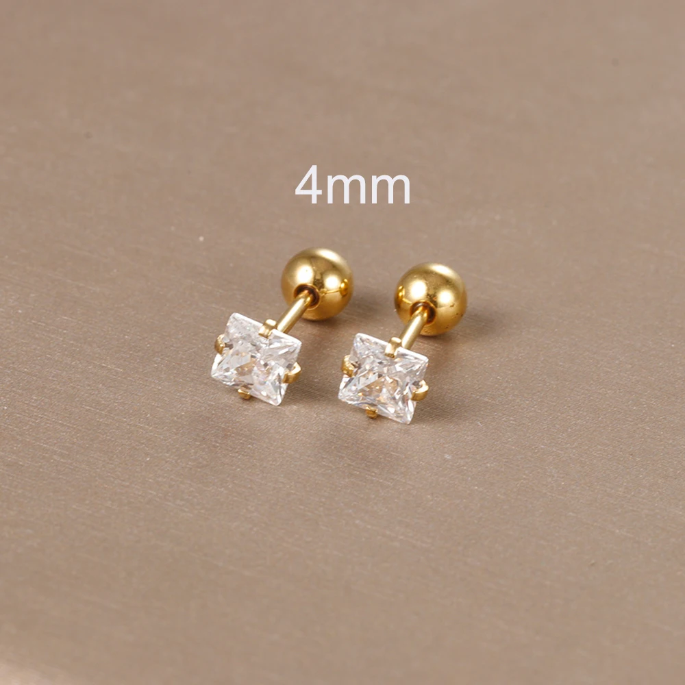 2PC Stainless Steel Shiny Zircon Square Earrings For Women Fashion Korean 3/4/5/6/7/8mm Helix Tragus Cartilage Piercing Jewelry