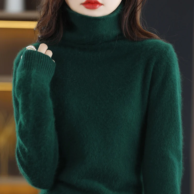 Pile-Collared Mink Cashmere Sweater for Women,Knitted Sweaters,Loose Base Shirt,Basic Tops,Fashion Pullover,2024 Autumn Winter