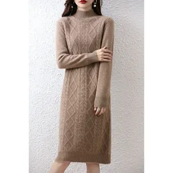 High-End 100% Wool Turtleneck Pullover Women Casual Long Dresses Sweater 2021 Autumn Winter Loose Soft Knitted Large Size Jumper