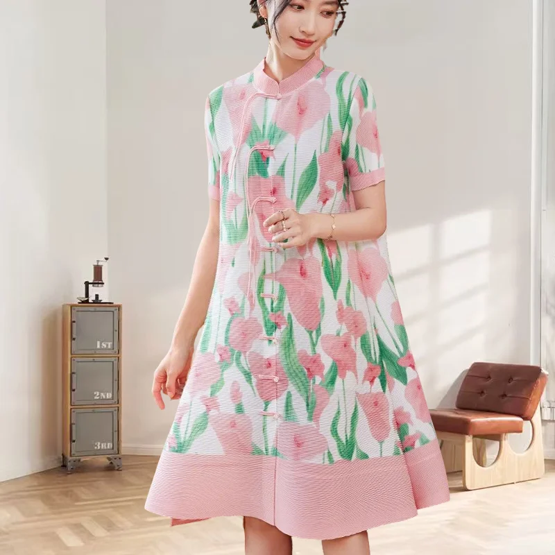 

Miyake Pleated Dress 2025 New Summer Fold Short-sleeved Printed Skirt High-end Thin Pleat Plus Size Women's Clothing