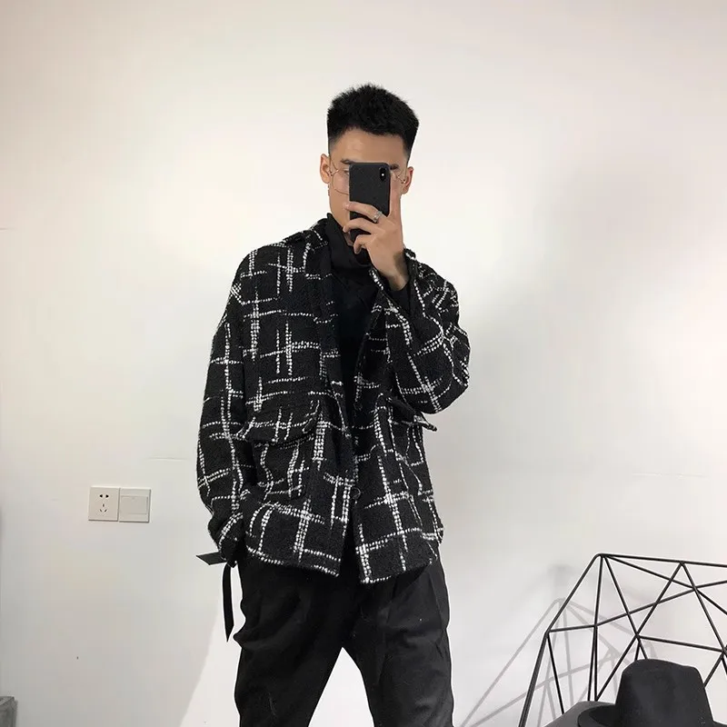 

Autumn and winter new men's personalized black and white plaid loose short windbreaker Harajuku style hip-hop trendy brand stree