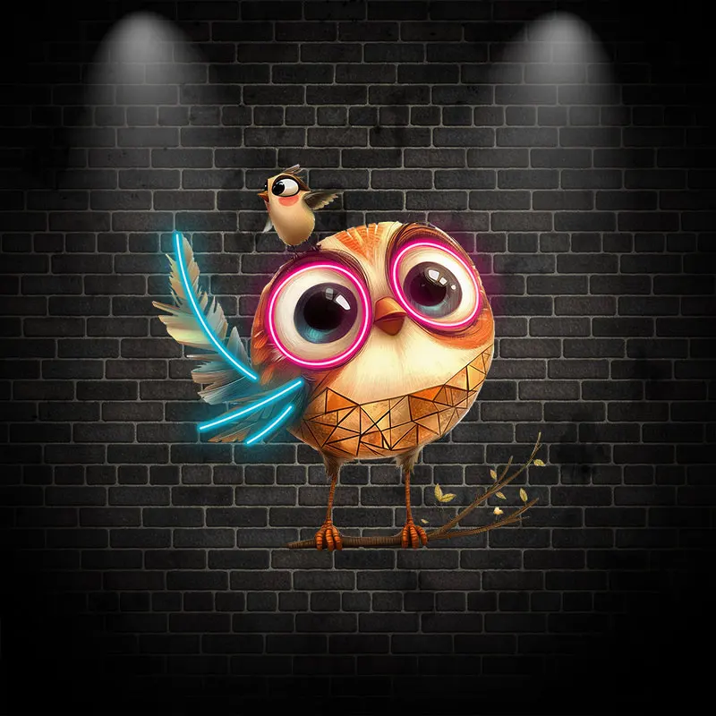 Cartoon Neon Owl LED Wall Light - Adorable Bird Design with Bright Eyes, Perfect Decor for Kids Room, Nursery & Fun Home Wall