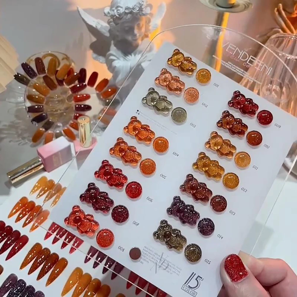 Vendeeni 15 Farben/Set Herbstfarben Glitzer-Brocken-Diamant Gel-Nagellack Orange Glanz UV LED Aushärtbarer Gel-Lack mit Display – Detail 3