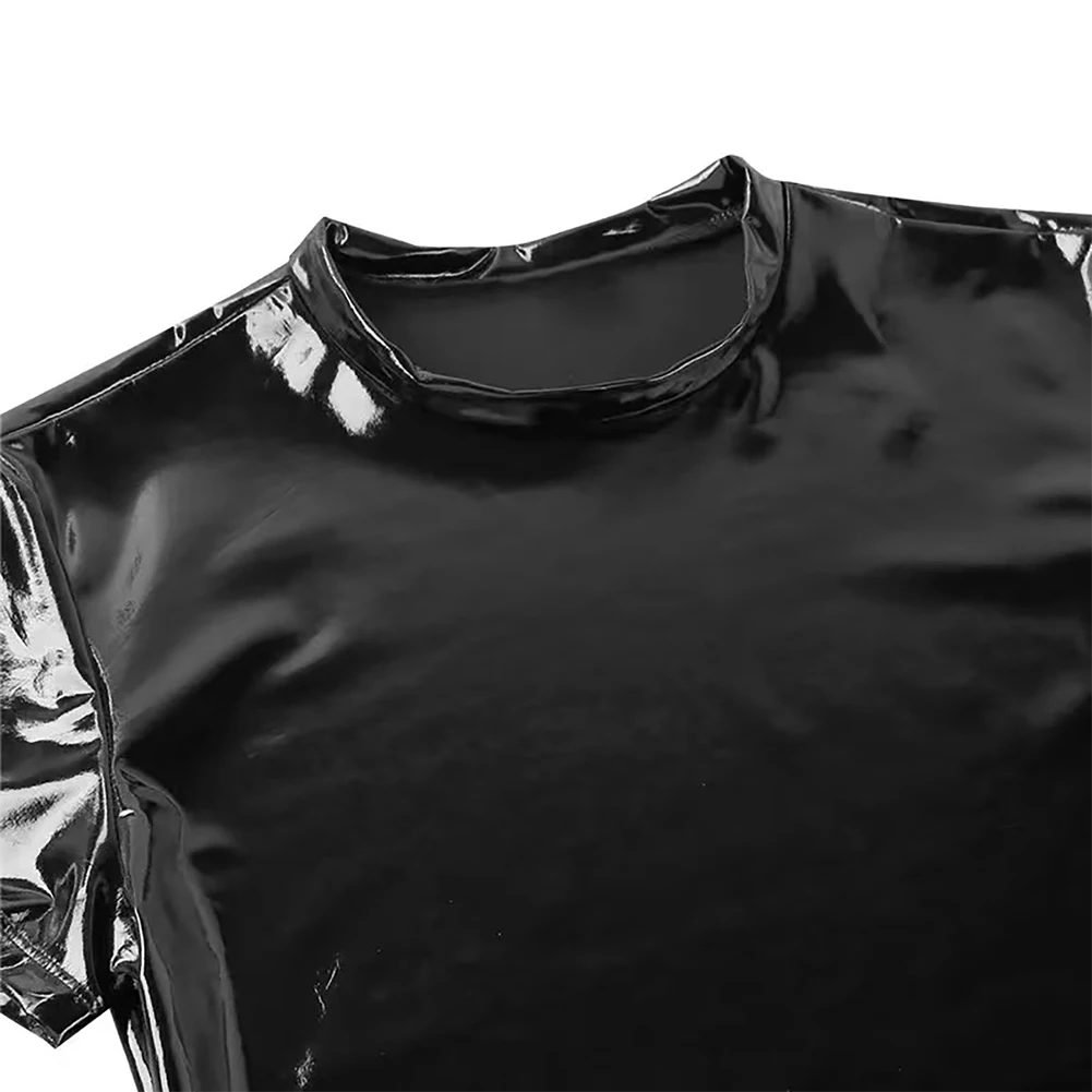 Camiseta de alta calidad para hombre, 1 piezas, aspecto mojado, ropa de discoteca negra/roja, disfraz de piel sintética, PVC brillante, manga corta