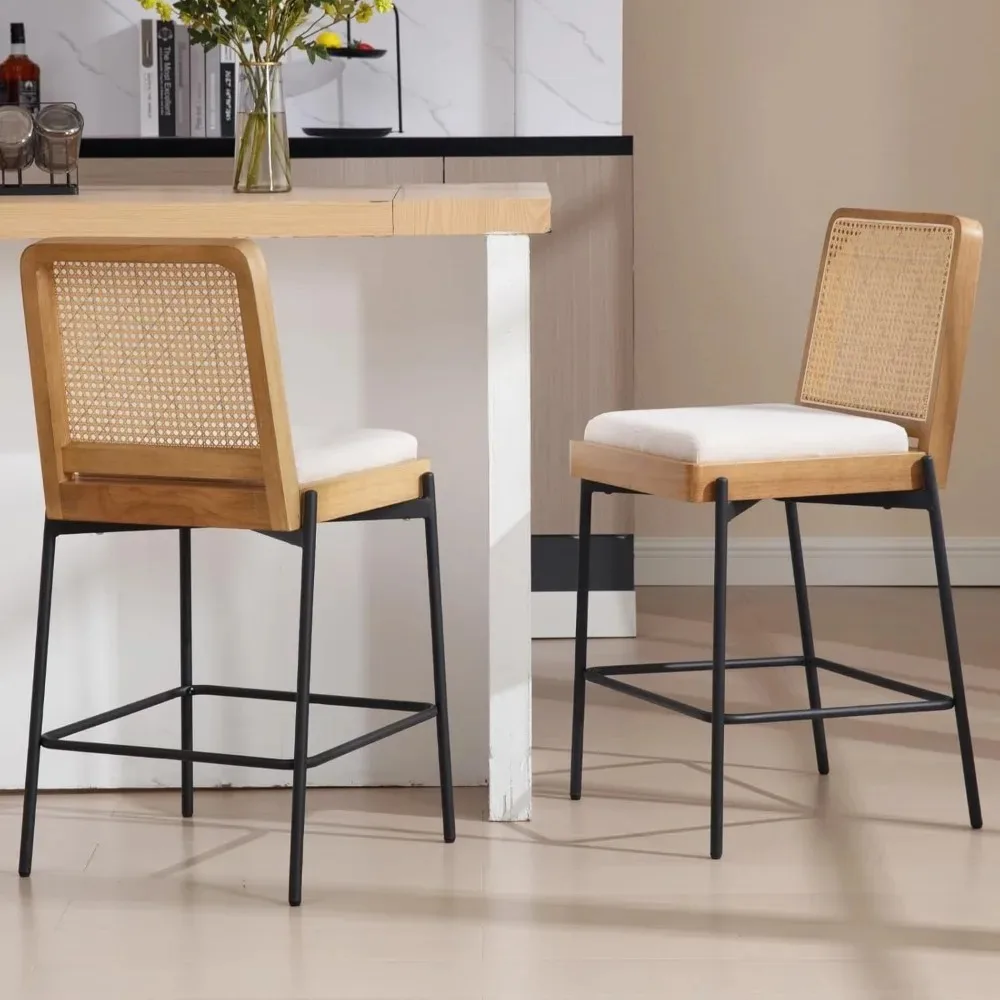 モダンなバースツール 2 個セット、カウンター高さ 26 インチ スツール、籐バック付き、リネン布張りのキッチンアイランドチェアバースツール、w