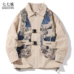 Spring College Jacket Men Women Little Bear Embroidered Fake Two Piece Jackets Harajuku Patchwork Coat Oversize Streetwear Fall