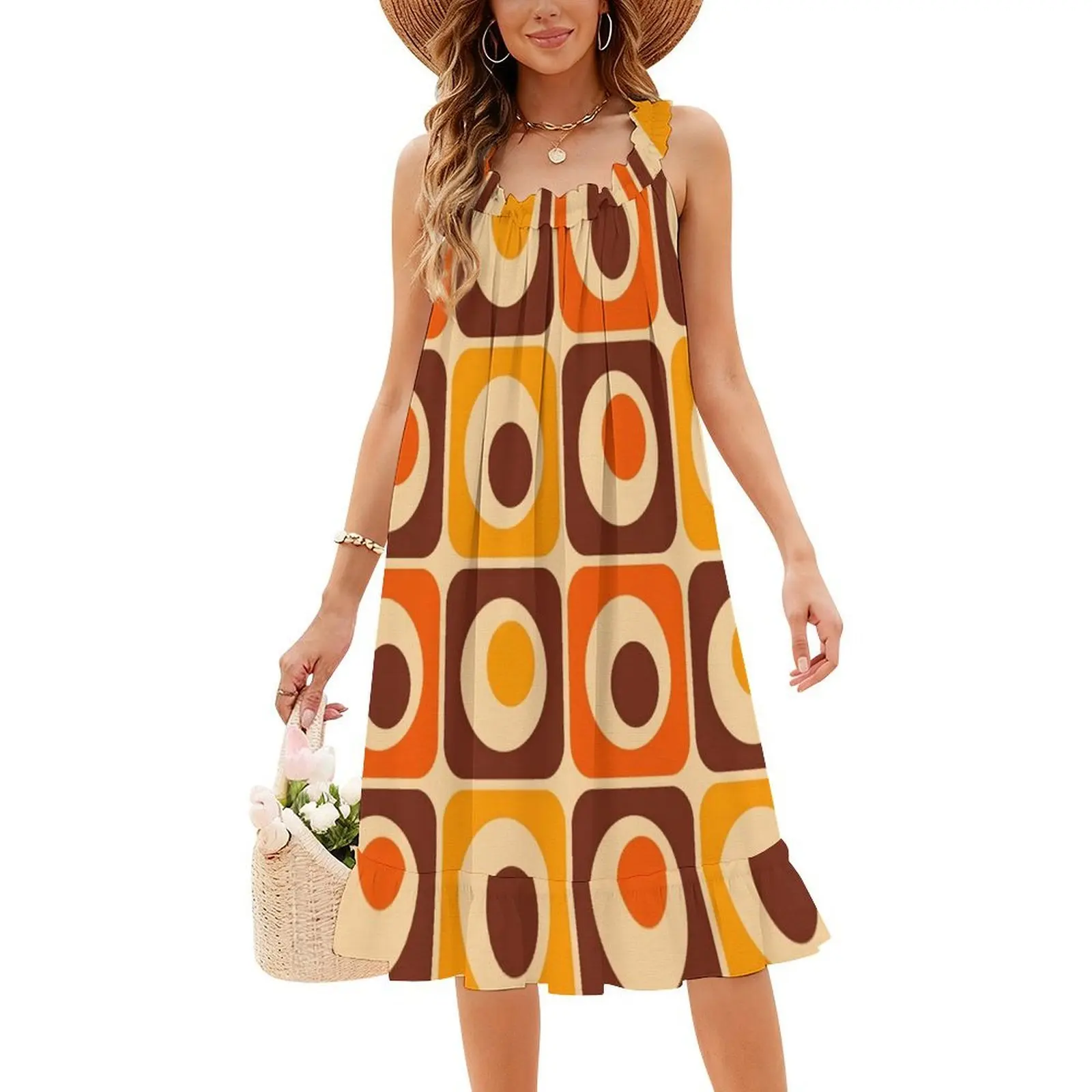 70S Retro Vintage Style Geometric Pattern Orange Brown Korean Style Dress For Women Elegant Casual Dress For Party Or Daily