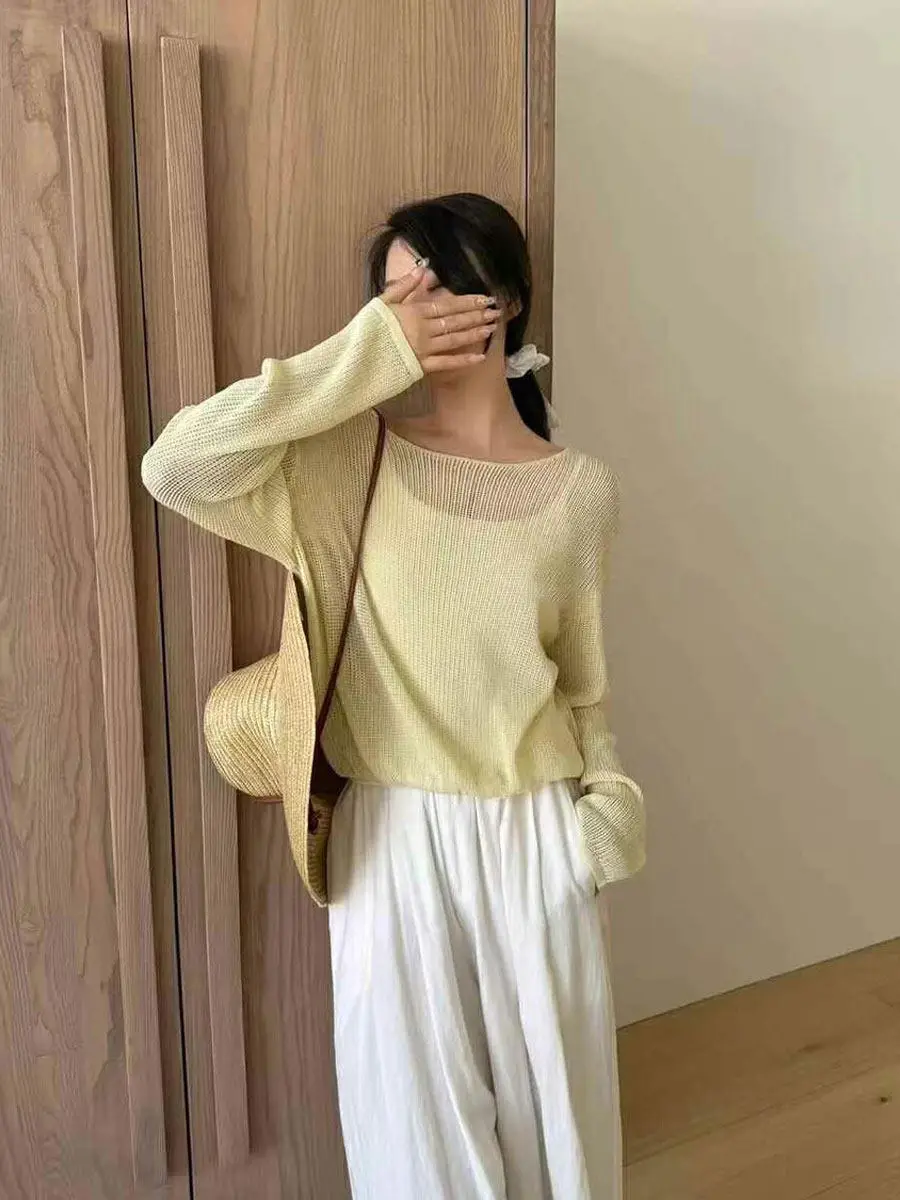Ausgehöhlte Langarm-Strickbluse 2026 – Neues Sommer-Sonnenschutz-Cover-Up und figurfreundliches zweiteiliges Cami-Set – Detail 1
