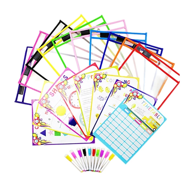 10 Pieces Worksheet Pocket Waterproof Pockets with Marker, Pen Slot, 10x13.77In Clear Plastic Sheet Protectors K1KF