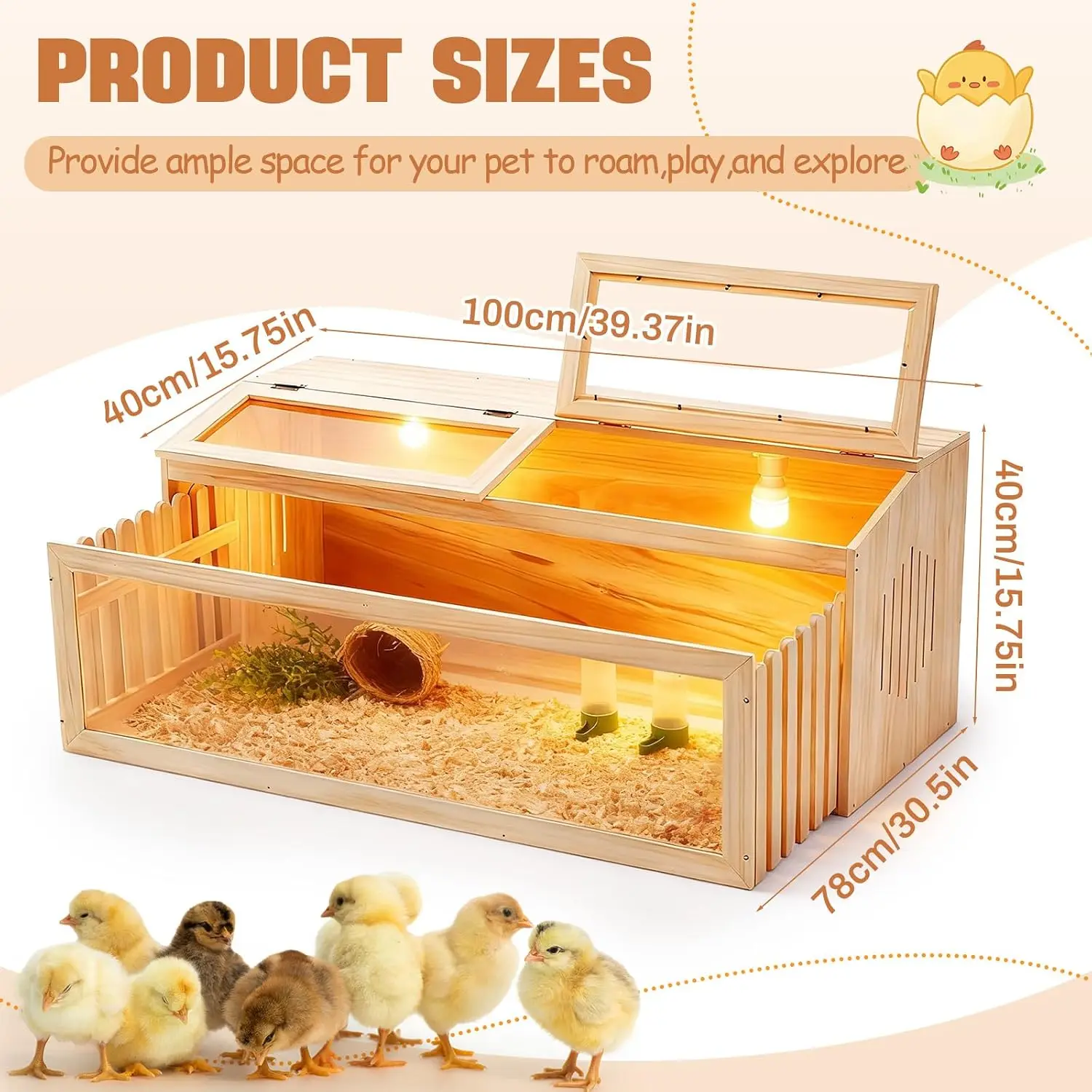 Large Brooder Box Kit for Chick 40 x 16 x 16 in Wooden Brooder with a Pull Out 15in Wide Extension Space, Heating Bulb, Feeder,