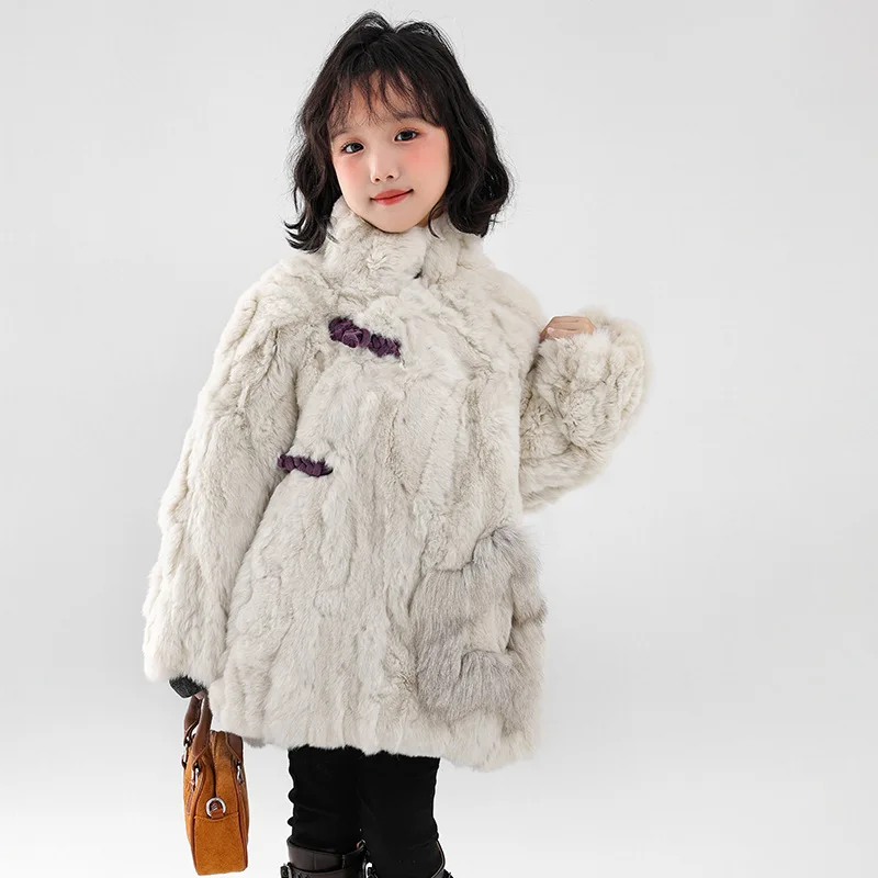 

2025 Winter Girls Faux Fur Parka Coat Fashion Casual Daily Rabbit Fur Trim Jacket Chic Outerwear for Kids & Teens
