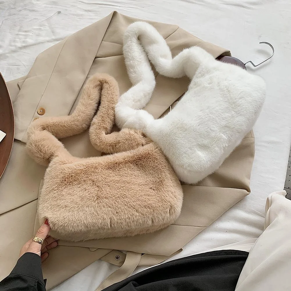 Women Plush Soft Handbag Fashion Solid Color Shoulder Underarm Bag Autumn Winter Fashion Comfortable Fluffy Female Tote Handbag