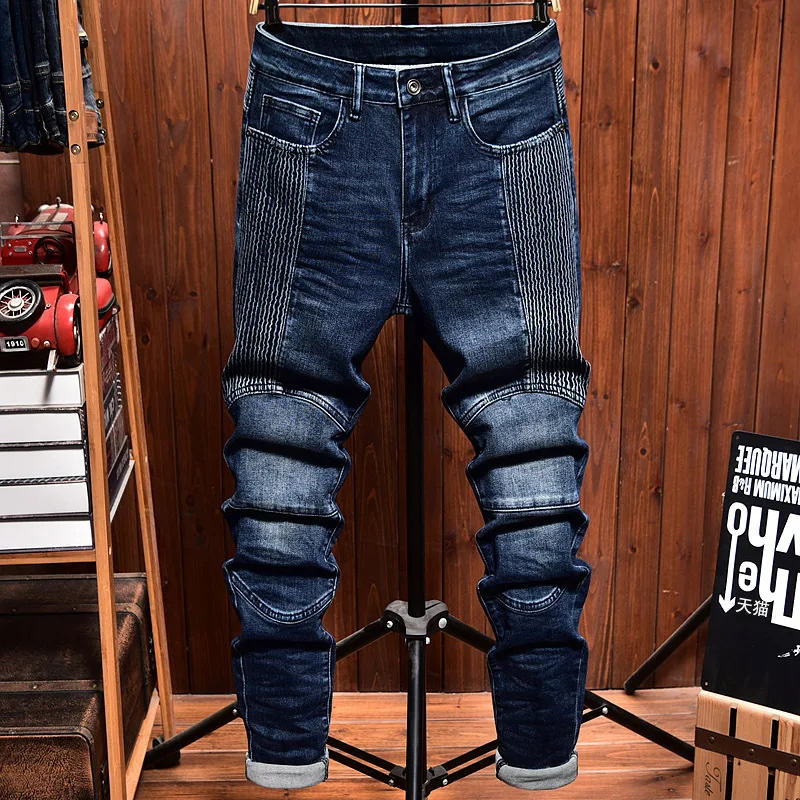 

New jeans MEN'S FASHION biker straight fit elastic trendy blue youth leisure motorcycle water wash versatile MOTO denim pants