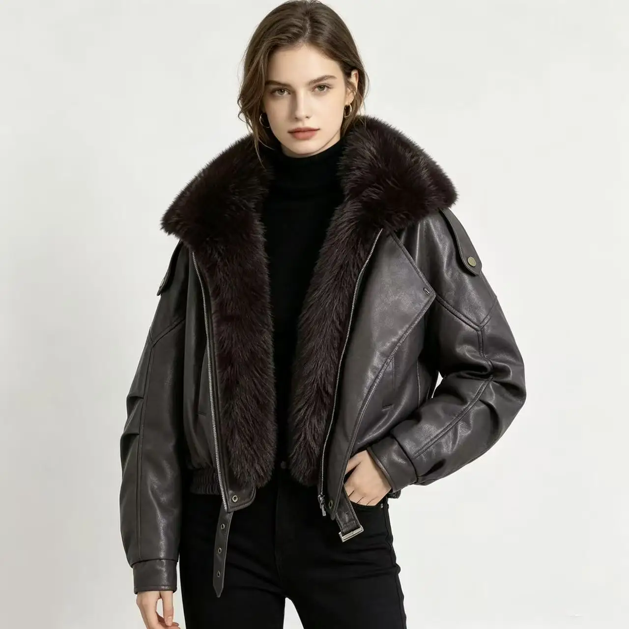 Cotton Clothes Women's New Big Fur Collar Tooling Winter European and American Design Jacket Thickened Warm Cotton Coat