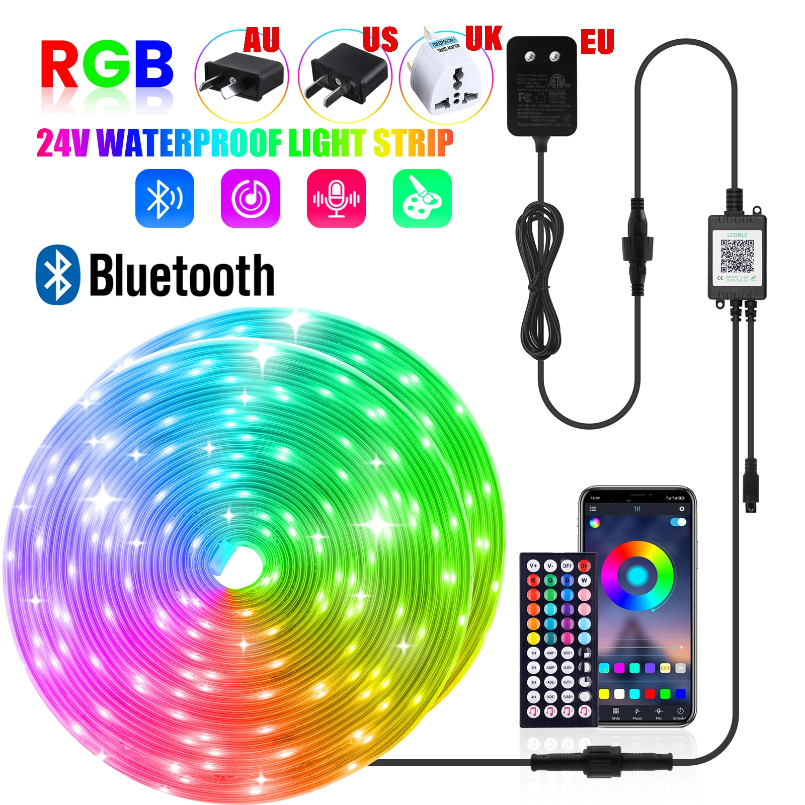 

5M 10M 15M 20M 30M 45M 60M Waterproof RGB 3535 24V LED Light Strip Bluetooth APP Control LED Luces with EU/UK/US/AU Power Kit