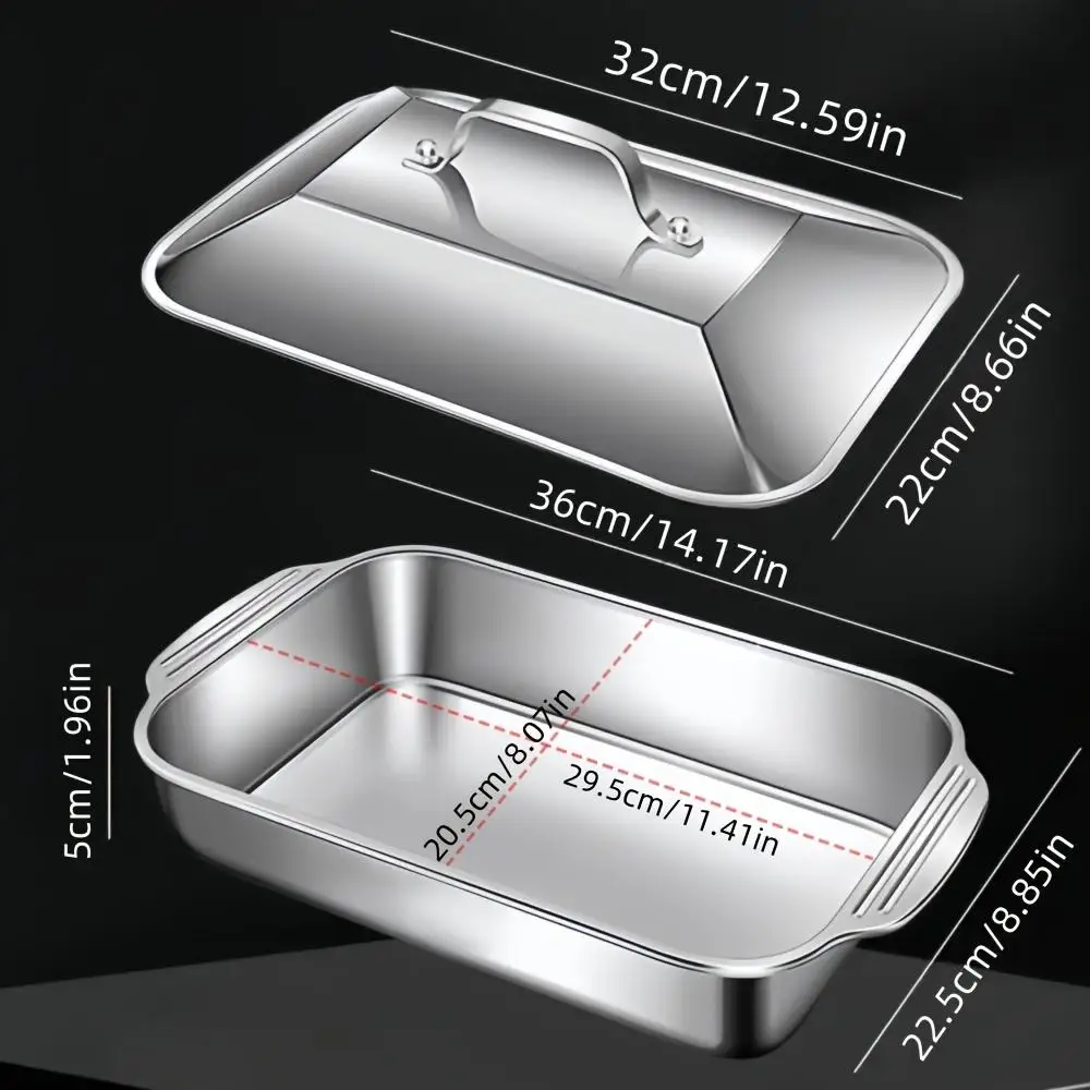 2-Piece Stainless Steel Rectangular Baking Pan Set with Covers Heavy-Duty Multi-Functional for Fish Seafood Barbecue Service And