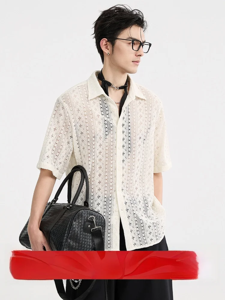 

Lightweight Short Sleeve Knitted Hollow Design Casual Shirt for Men by Earl Joel Fashionable Urban Loose Fit Cotton Blend