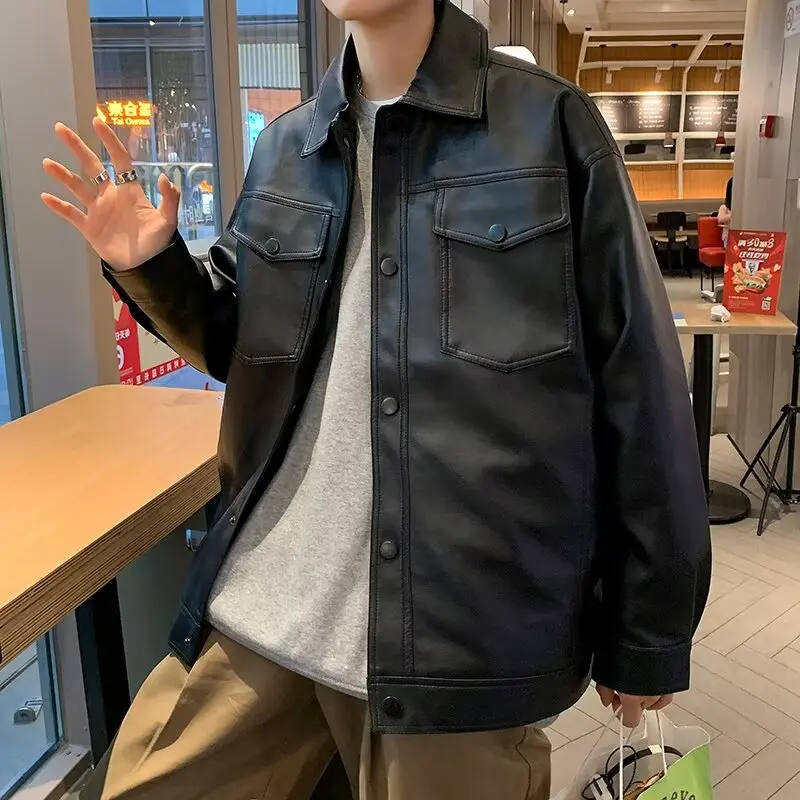 

Мужская байкерская куртка из искусственной кожи, большой размер, 250 Pou, американский стиль, открытый кардиган, весна-осень, новинка