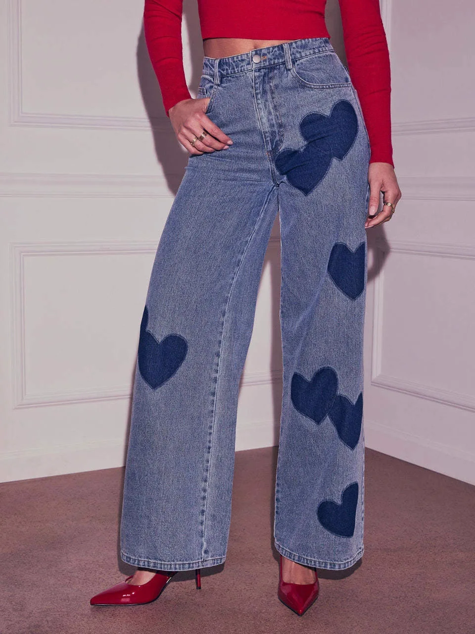 

Spring Summer 2026 Wide Leg Denim Jeans Women's Loose Fit Vintage Waed Heart Print Casual High Waist Blue High Street Sle