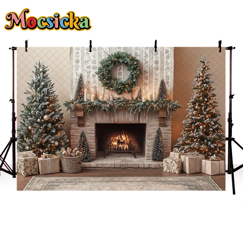 Mocsicka Christmas Fireplace Backdrops Kids Adult Photography Child Adult Photocall Decors Xmas Trees Classic Wall Backgrounds