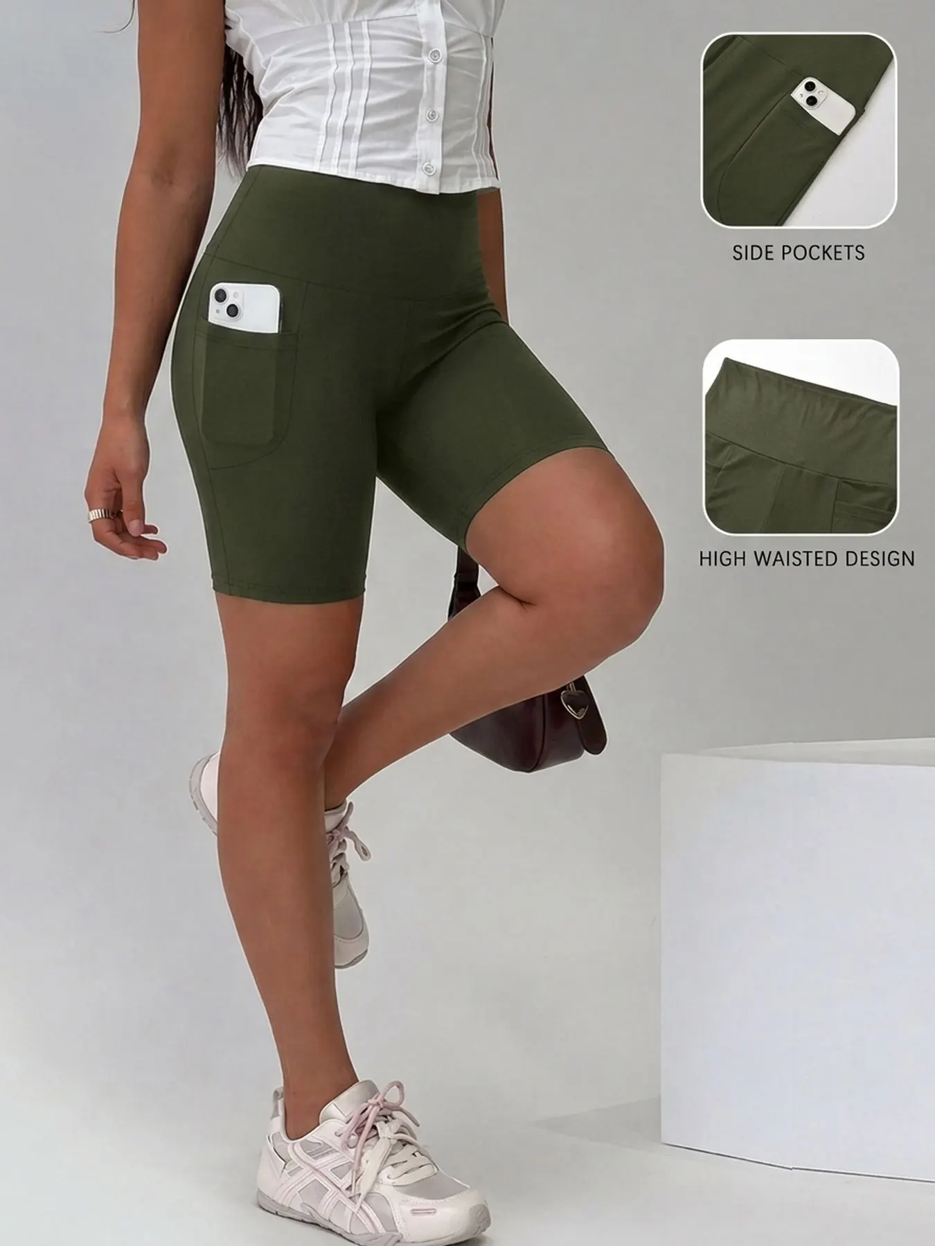 Damen Biker-Shorts mit Taschen, hoher Bund, superweich, blickdicht, Bauchkontrolle, für Laufen und Yoga – Detail 8