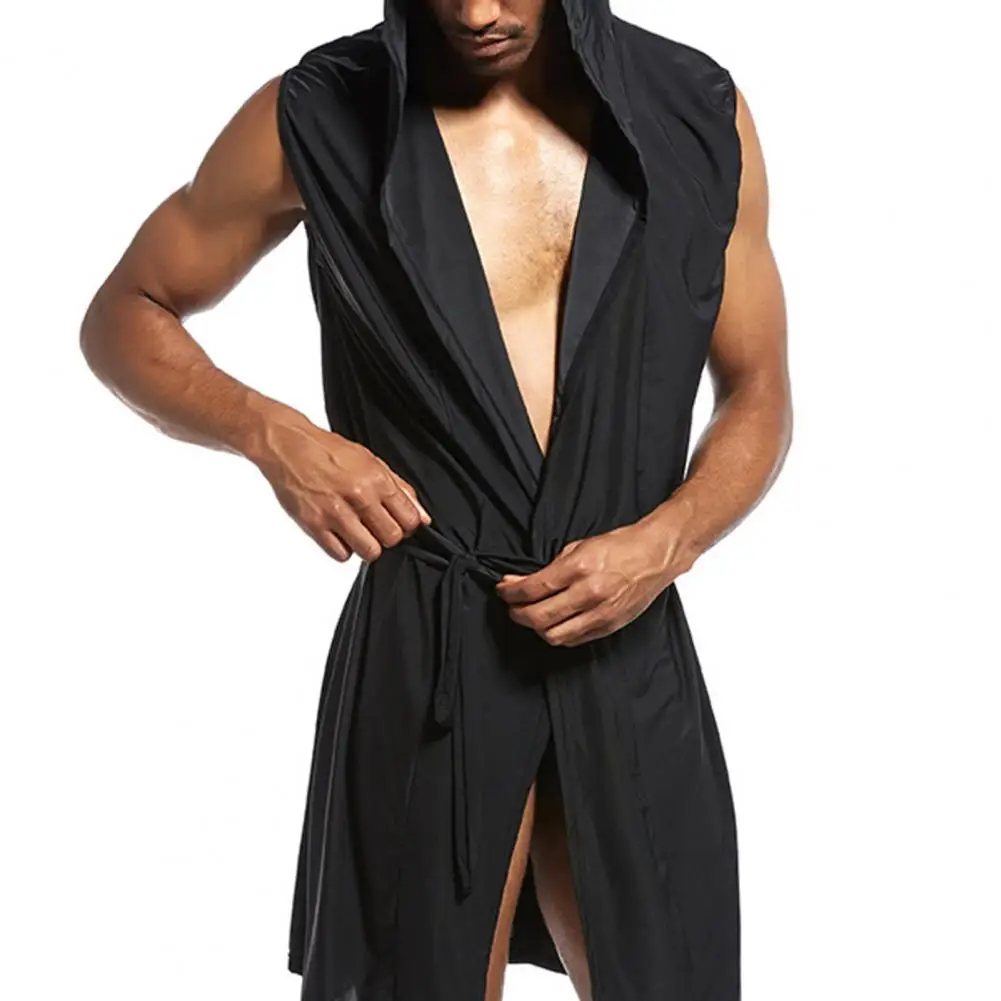 Men Sexy Bathrobe Men Solid Color Bathrobe Luxurious Men\'s Ice Silk Hooded Bathrobe with Belt for Home Travel Soft Fabric Solid