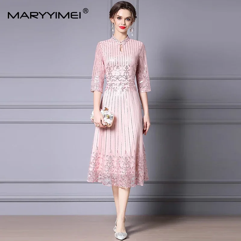 

MARYYIMEI Fashion design Women's Dress Stand collar Three Quarter Sleeve Dresses Sequins Embroidery Mesh L-5XL Dresses
