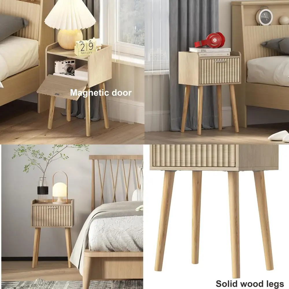 

Пара компактных прикроватных тумбочек в стиле середины века с рифлеными дверцами и ножками из массива дерева для небольших спален