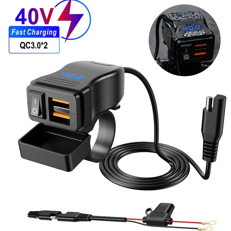 Novo Carregador USB Rápido para Motocicleta com Duas Portas, Adaptador de Fonte de Alimentação com Voltímetro, à Prova d'Água, Entrada de Tensão Ampla 12V-40V