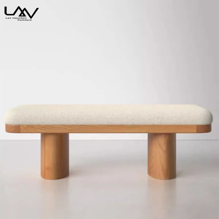 Nordic Simple Style Wooden Bedroom Sofa Bench Hotel Villa Living Room White Upholstered Footstool Furniture