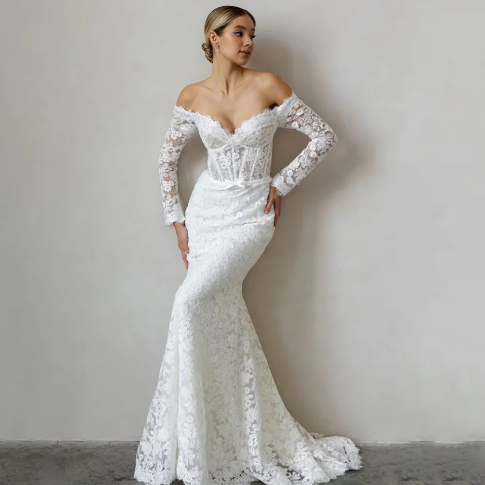 Abito da sposa in pizzo personalizzato sexy scollo a V sirena abiti da sposa pulsante posteriore classico lusso con spalle scoperte abiti da sposa Vestido De Novia