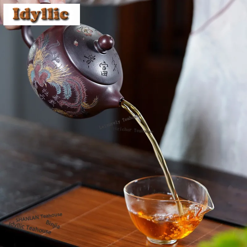 520ml Luxury Yixing Purple Clay Teapots Handmade Phoenix Peony Pot Raw Ore Ancient Black Mud Kettle Zisha Tea Set Decoration