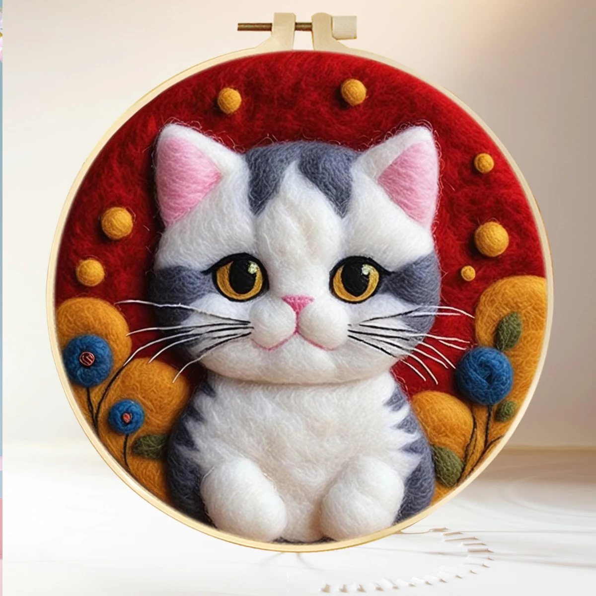 

CHENISTORY﻿ Wool Needle Felting Painting Cat Craft Set with Embroidery Hoop Foam Pad, Fabric & Instructions Creative Gift