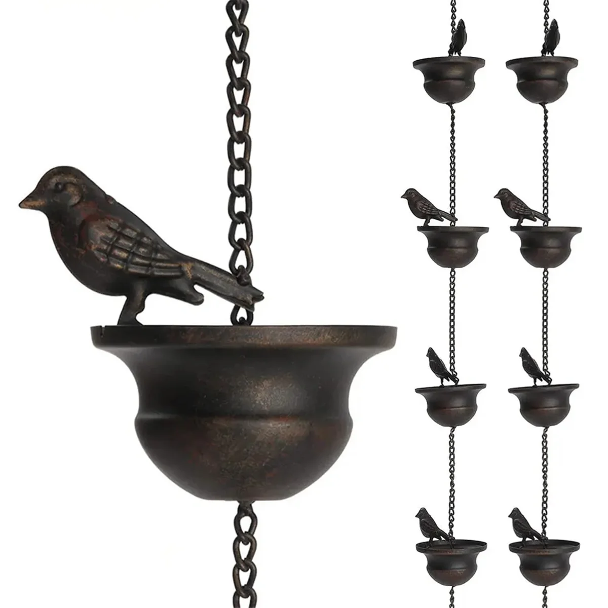 Metal Birds on Cups Metal Rain Chain Rain Catcher for Gutter Roof Decoration Metal Drainage Rain Chain Downspout Tool