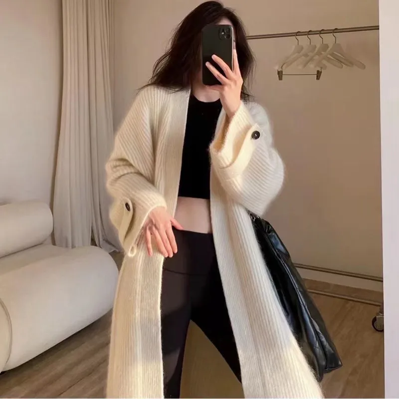 

Long Knitted Loose Sweater Outerwear Lazy Sle Extended Version Women's Faion Casual V-Ne Full Sve Thiened Polyester