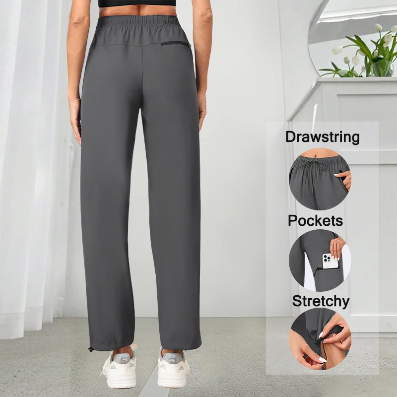 Pantaloni da donna in tessuto multiuso a 4 tasche con coulisse regolabile in vita con orlo arricciato Pantaloni casual da esterno Comfort Fit Pull-On
