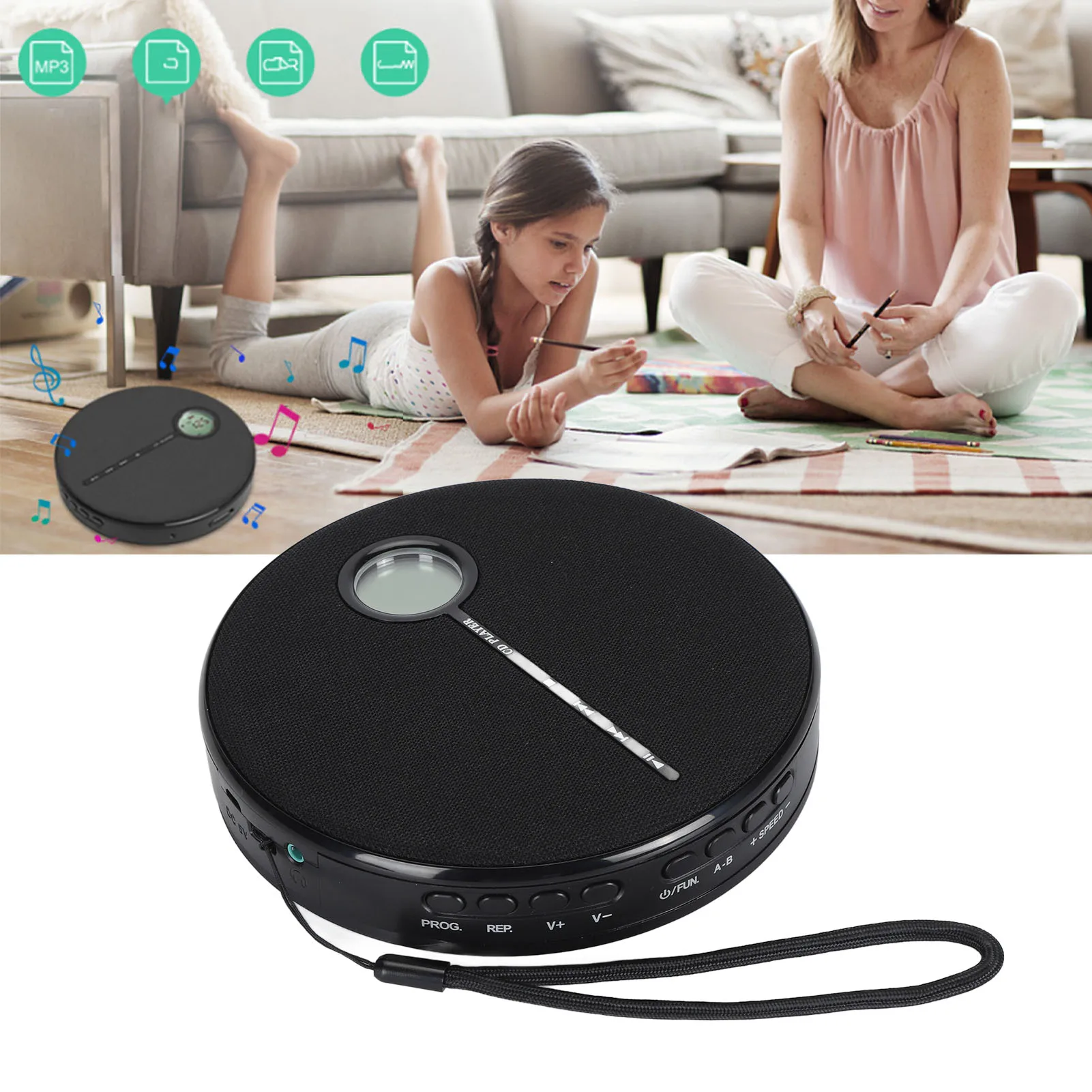 

Портативный проигрыватель компакт-дисков с подключением Bluetooth, встроенным динамиком и цифровым аудиовыходом для обучения музыке и функций повторения