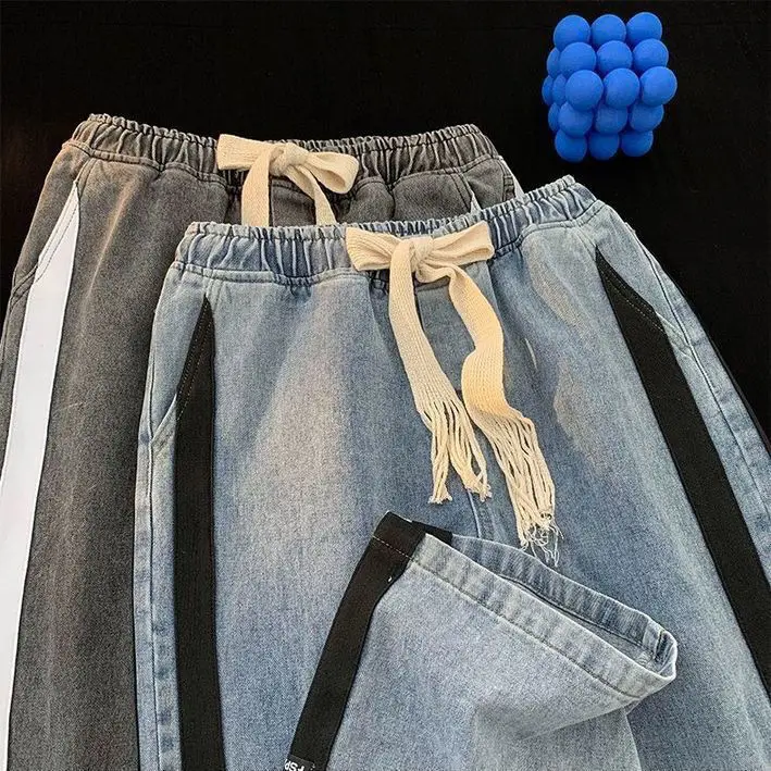 Striped Patchwork Jeans for Men in Autumn Trendy Brand Loose Straight Wide-leg American High Street Large Size Casual Long Pants