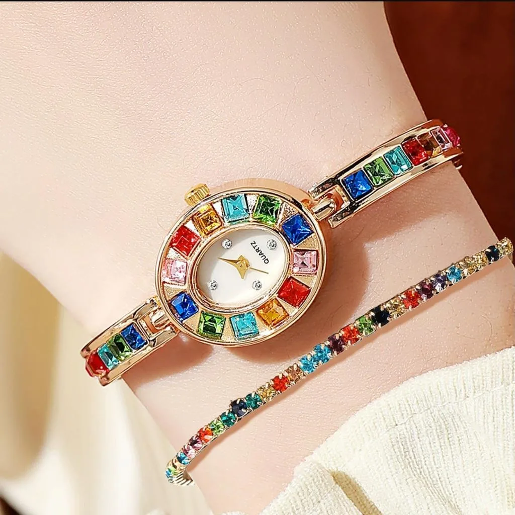 2PCS النساء حجر الراين ووتش مجموعات الطلب الصغير سبيكة السيدات كوارتز ووتش سوار ملون مجاني