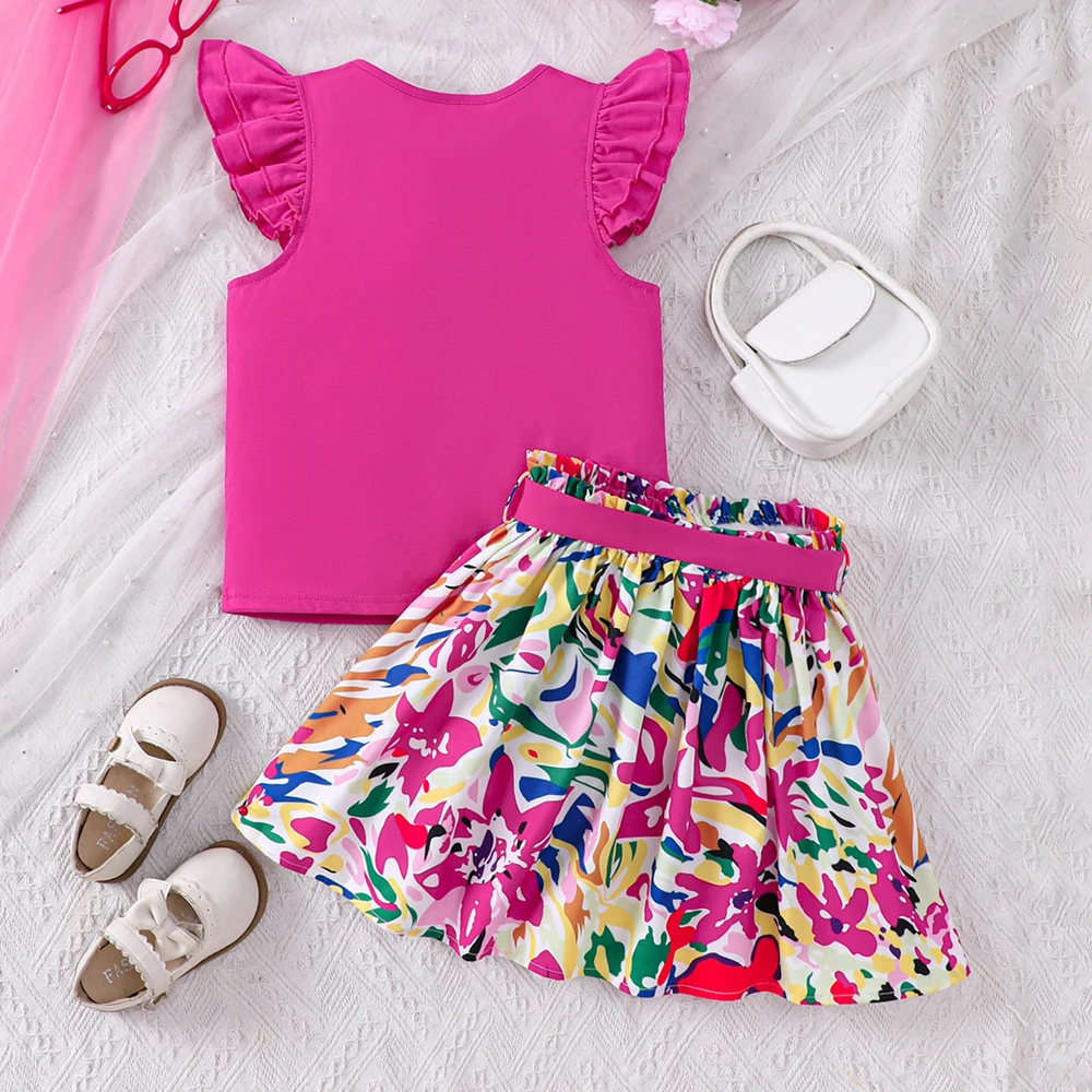 Girls' summer style small fly sleeve top, colorful printed short skirt two-piece set, fashionable and casual set