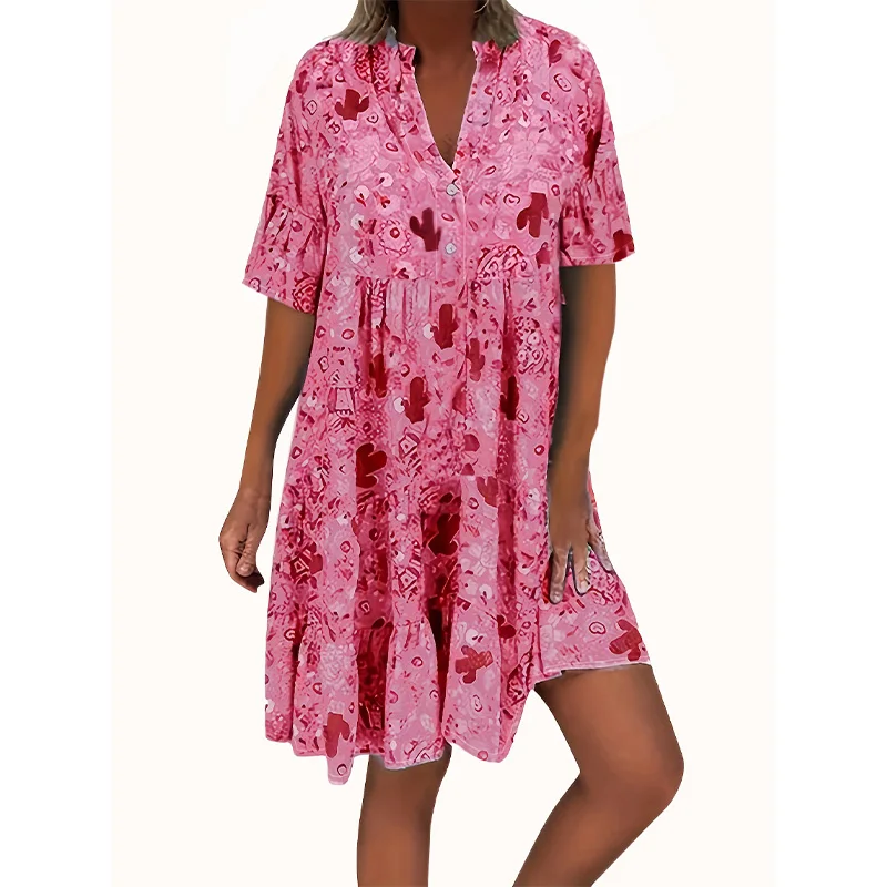 Übergrößes Bedrucktes Knopfkleid mit Rüschen Mehrlagiges Bohemian-Style Kleid mit Taillenschnürung Strandkleid Knielang Damenkleid – Detail 5