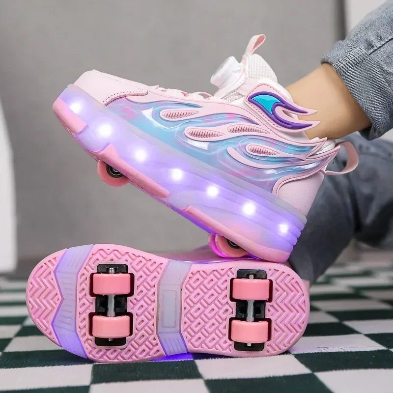 Tênis de rolo criança esporte ginásio calçado patins 4 rodas carga usb sapatos iluminados meninos meninas sapatos casuais skate