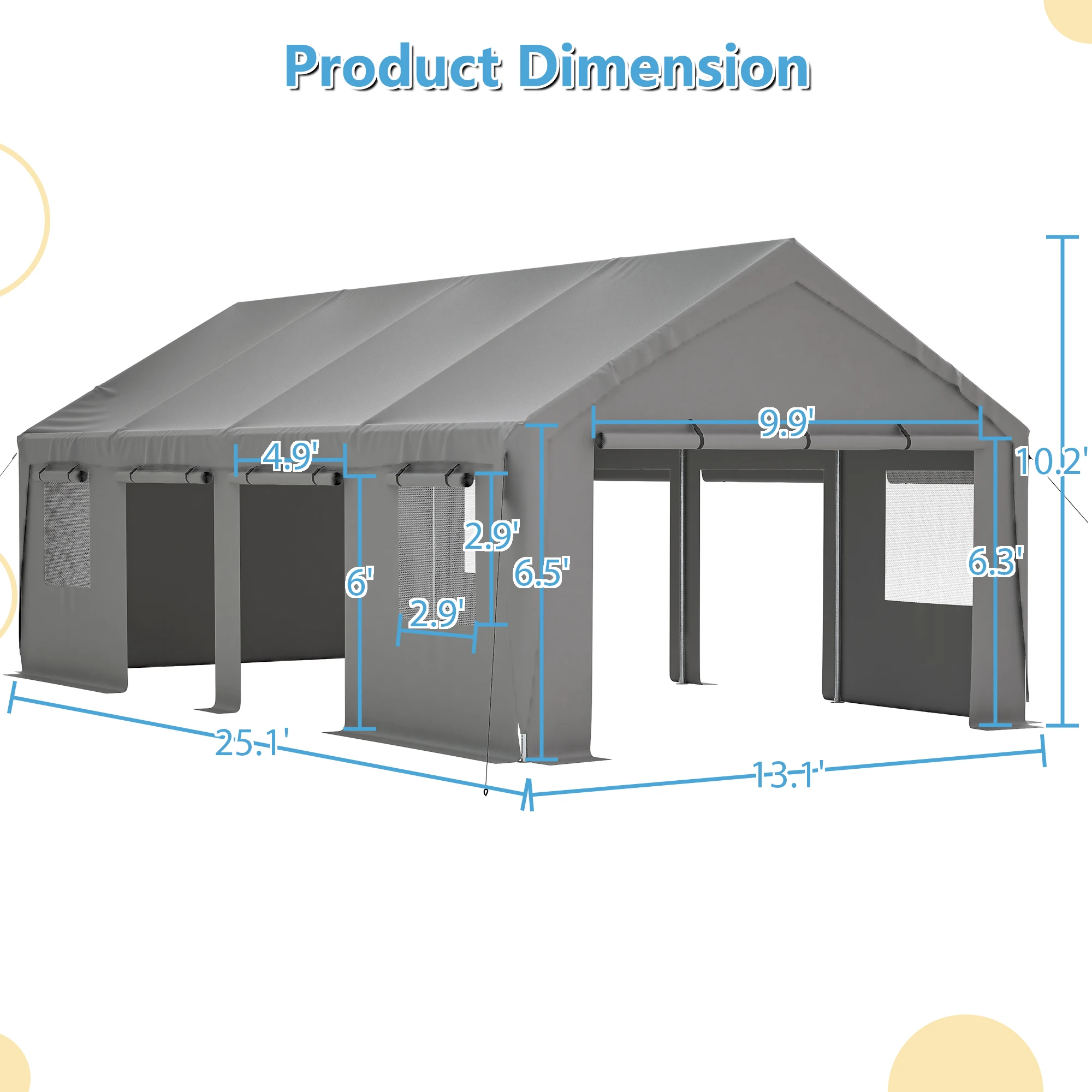 13x25 ft Carport Canopy Galvanized Steel Frame PE Fabric 5 Roll‑Up Doors 4 Windows Waterproof UV‑Resistant Portable Gray Garage