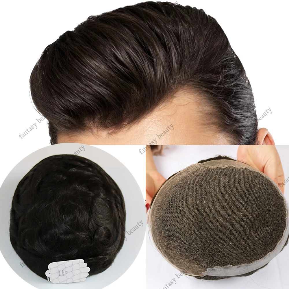 Toupet Q6 avec base en dentelle et PU pour hommes, délié naturel, unité de système de cheveux humains, perruque pour homme, prothèse de cheveux masculins durables, perruques pour hommes