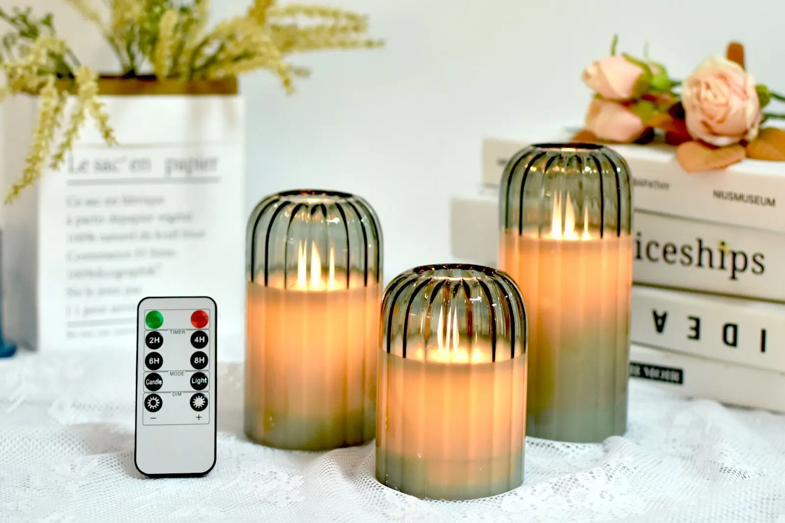 Luz de vela led de vidro com nervuras transparente/verde negruzco/dourado com temporizador remoto sem chama mesa de festa em casa de casamento luz ambiente