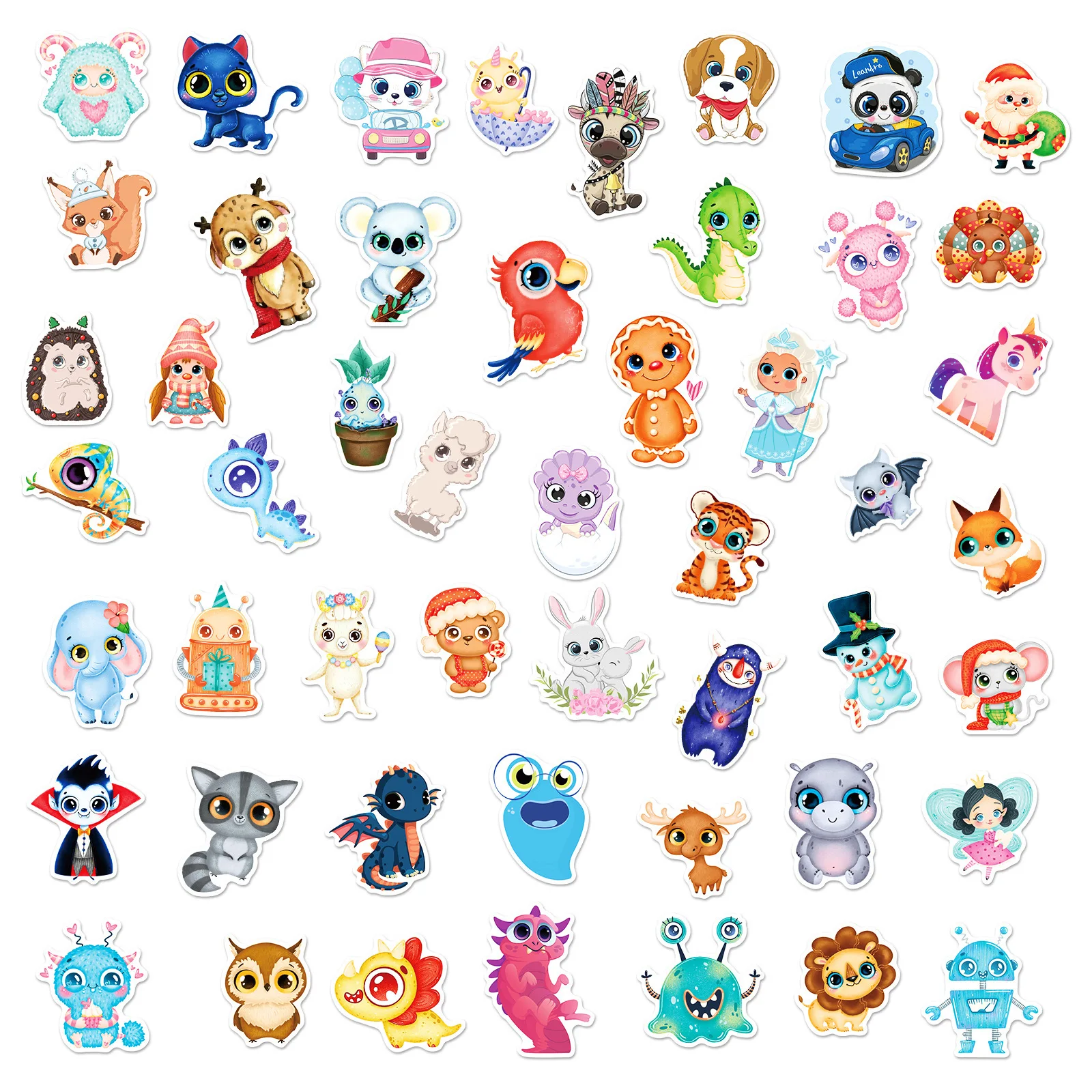 50 PCS Cute Cartoon Big Eyes Cute Stickers Small Animals Puzzle Stickers