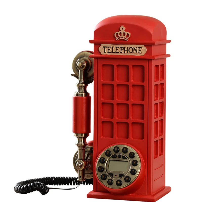 Red Telephone Booth Corded Telephone Desk Wall-Mounted Landline Phones, Rotary/Button Dial, with Adjustable Ringtones for Home